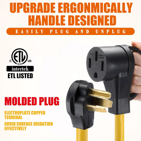 Ergonomically designed handle of 25 Foot Nema 10-30P To 14-50R EV Charger Cord Straight Up Tough Dryer Outlet Adapter.