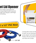 Tankless Water Heater Flushing Kit DIY Ready With Submersible Sump Pump One Sixth Horsepower Includes Two Adapters Three Gallon Pail With Lid Opener And Two Half Inch By Six Foot PVC Hoses With Washers displayed with components including handle, hoses, and bucket.