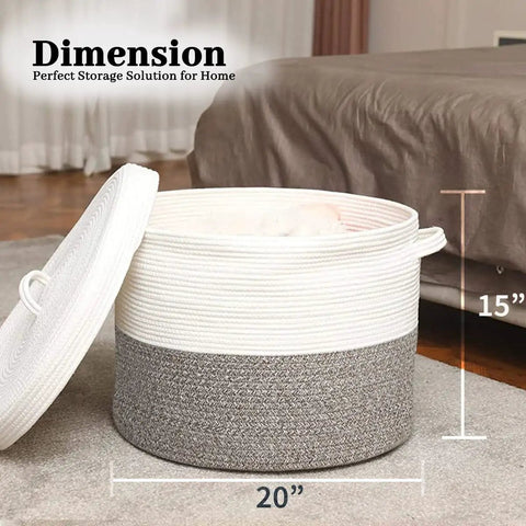 White brown Cozy Rope Blanket Basket with soft lid, 20x15 inches, durable cotton craft for storage in living room and bedroom.