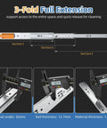 Diagram showing Five Pairs 22 Inch Soft Close Drawer Slides Side Mount 3 Fold Full Extension Ball Bearing Heavy Duty features.