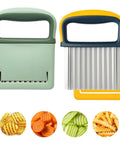 Paoeyrb 2-pack crinkle cutter set for potatoes; green-handled slicer and blue-yellow crinkle cutter with stainless steel blades.