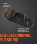 Image of Flip 6 Bluetooth Speaker internals, showcasing racetrack-shaped driver, tweeter, and JBL radiators for deep bass.