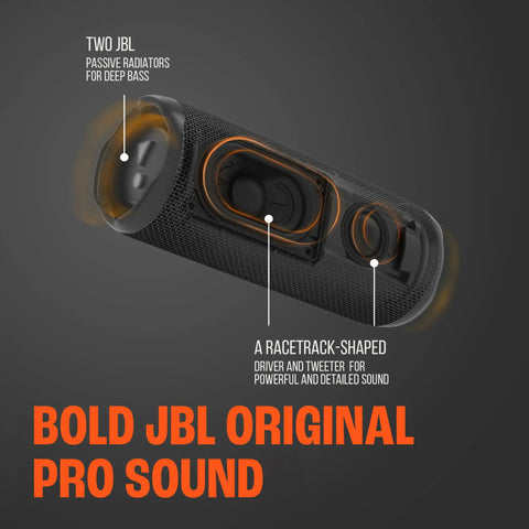 Image of Flip 6 Bluetooth Speaker internals, showcasing racetrack-shaped driver, tweeter, and JBL radiators for deep bass.