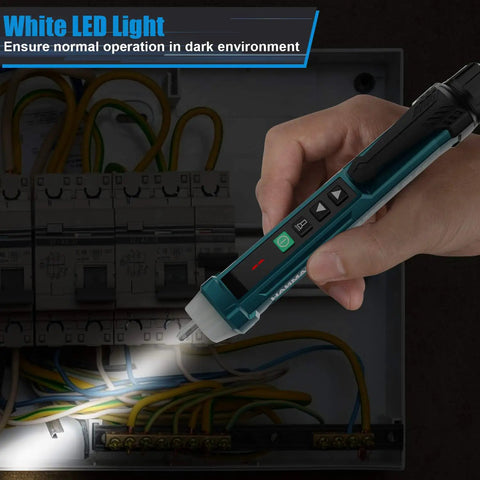 Hand holding Non Contact Voltage Tester with 9 Gear Adjustable Sensitivity, lighting up wires in electrical panel using LED flashlight.