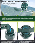 Three In One Portable Ceiling Fan And Camp Lantern With Hanging Hook Remote And USB Power Bank For Outdoor Camping Car And RV Use With No Brainer Lightweight Design And Long Battery Life showing assembly and dimensions.
