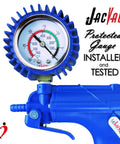 One Hand Operated Vacuum Pump With NPT 1/8-27 Threaded Gauge, neon green body, red protected gauge, quick release depicted.