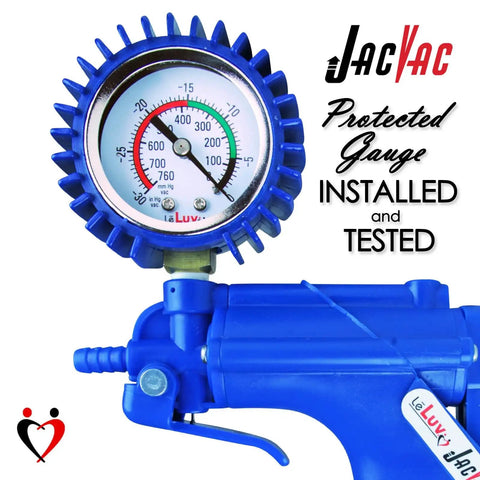 One Hand Operated Vacuum Pump With NPT 1/8-27 Threaded Gauge, neon green body, red protected gauge, quick release depicted.
