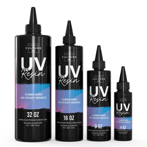 Crystal Clear UV Resin For Coating And Casting DIY Projects Jewelry And Keychains Do It Yourself Friendly Epoxy That Cures Hard With No Sticky Residue Ideal For Small Crafts bottles 32 oz, 16 oz, 8 oz, and 4 oz sizes.