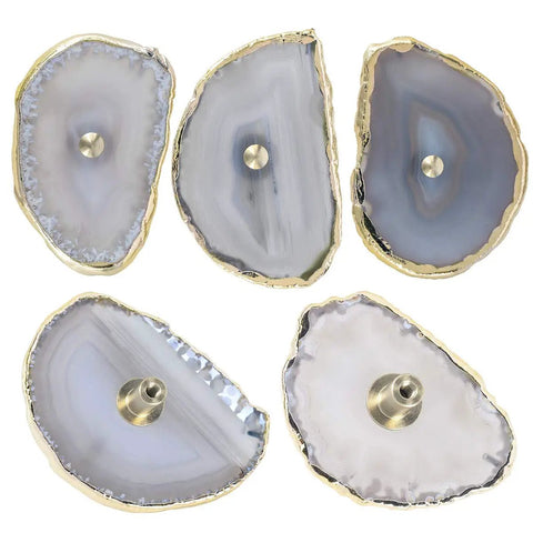 Natural Agate Slice Cabinet Knobs For Drawers And Cupboard Doors Solid Rough Edge Stone Drawer Pulls With Zero Hassle Mounting Total Home Glow Up Kit Pack Of Four, showcasing five unique agate slices with gold edges.