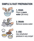 Instructions for using Freeze Dried Diced Potatoes 32 Oz Ready To Eat Survival Food, including soaking, draining, and cooking steps.