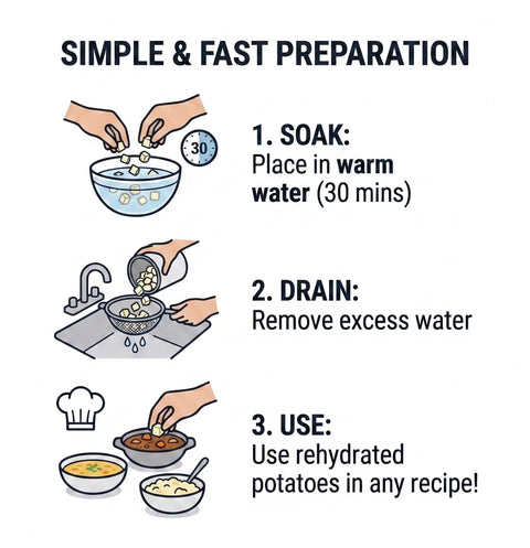Instructions for using Freeze Dried Diced Potatoes 32 Oz Ready To Eat Survival Food, including soaking, draining, and cooking steps.