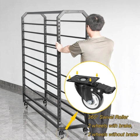 Vinyl Wrap Rack With Lockable Wheels, 12 Rods Fabric Organizer, 175cm Adjustable Storage Cart For Auto Shop And Craft Supplies, Heavy Duty Metal Frame, Customizable Rod Spacing For Rolls, man assembling frame
