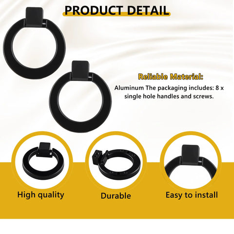 Matte Black Aluminum Ring Pulls 8 Pack Heavy Duty Single Hole Cabinet Knobs Inner Diameter 28mm Outer Diameter 41mm details