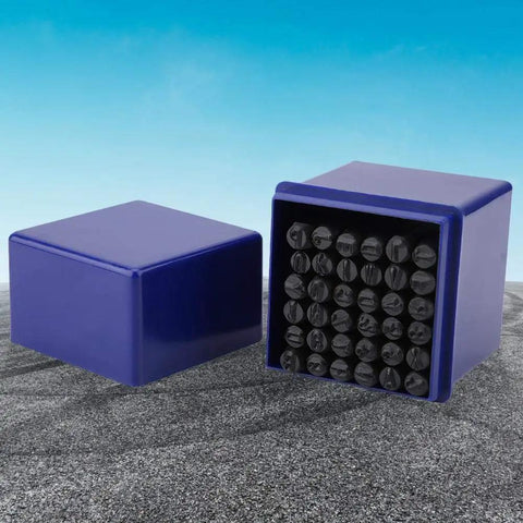36 Piece 5mm Metal Stamping Kit With Alphabet And Number Stamps for Leather Tooling in blue storage box on textured surface