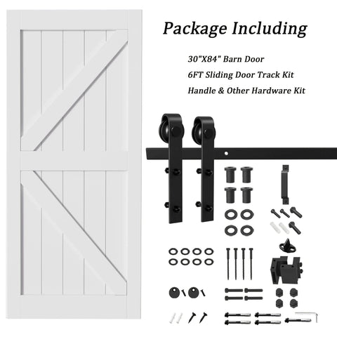 Sliding Barn Door 30 Inch By 84 Inch With 6 Foot Hardware Kit And Handle White Solid MDF Surface That Is Water Resistant