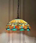 ARTZONE Antique Tiffany Pendant Light Fixture Stained Glass Hanging Lamp with floral design, 16" wide, colorful glass shade.
