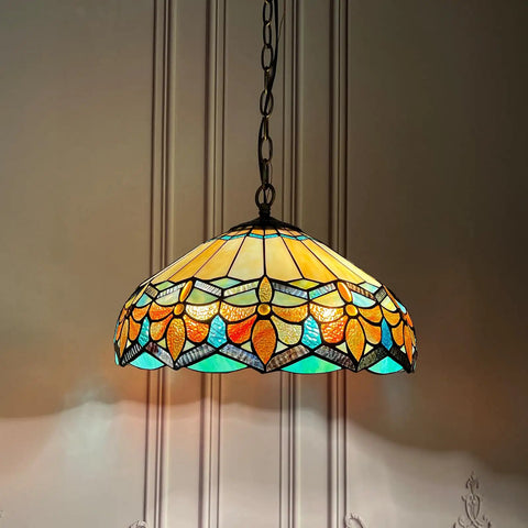 ARTZONE Antique Tiffany Pendant Light Fixture Stained Glass Hanging Lamp with floral design, 16" wide, colorful glass shade.