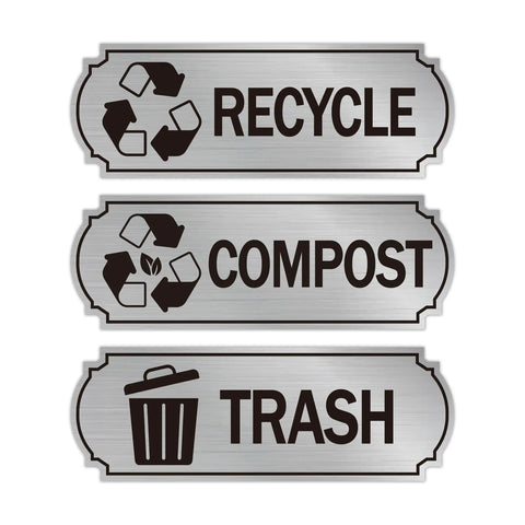 3 Pack Recycle Stickers For Trash Bins Self Adhesive Waterproof Brushed Silver Compost And Recycling Indoor Outdoor Use For Kitchen Office Garbage Cans