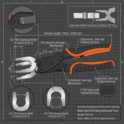 Diagram of push-in clamp pliers for PEX pipe with ergonomic rubberized grip and compound leverage mechanism.