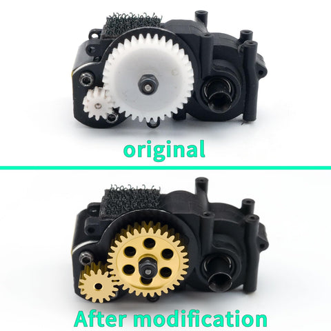Comparison of original and modified brass RC transmission main gear with 15T and 32T motor pinions for Losi 1/24 Micro B Micro T 2WD RC car.