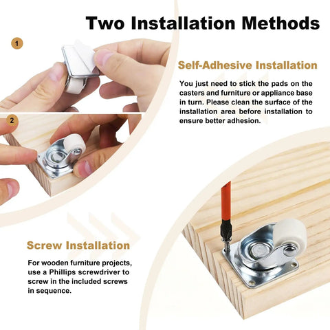 No Sweat Setup Slick Design 0.6 Inch White Low Profile Swivel Caster Wheels Set Of 4 self-adhesive installation steps on wood.