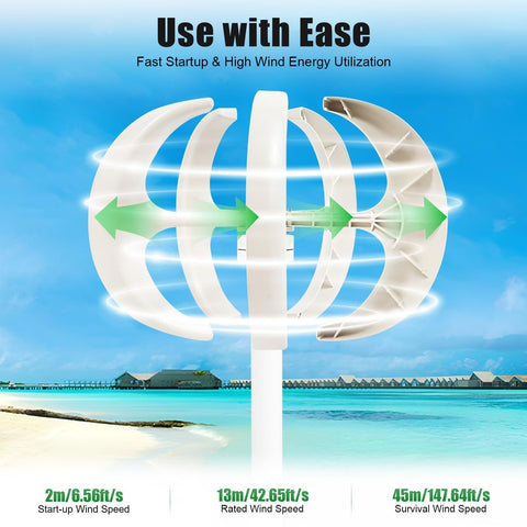 12V 600W Lantern Wind Turbine Generator Kit With 5-Blade Vertical Axis, beach background, wind speeds shown