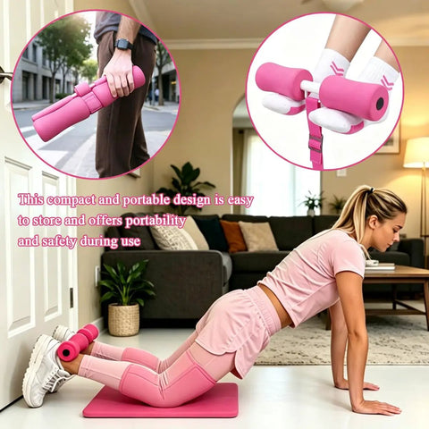 Pink Nordic Curl Strap With Pad For Home Workouts in use, demonstrating compact foldable design and ease of portability indoors.