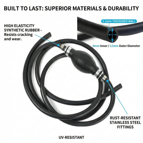 Boat Fuel Line With Bulb Primer Pump For Outboard Motors, High Flow Hand Siphon, synthetic rubber, stainless fittings