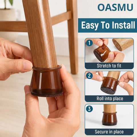 Hands installing Heavy Duty Silicone Chair Leg Protectors With Felt Bottoms on a wooden chair leg, showcasing easy application steps.