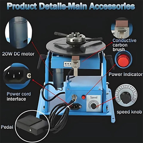 Slick Setup Lightweight Rotary Welding Positioner With Smooth 180Mm Turntable And Secure 65Mm Chuck Easy Adjust features 20W motor and foot pedal.