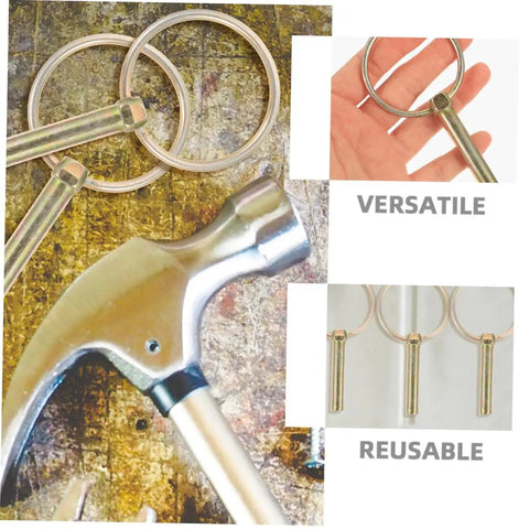 12 Piece Heavy Duty Clevis Pin And Safety Pin Kit With Hitch Ring Clips shown with hammer and versatile use examples
