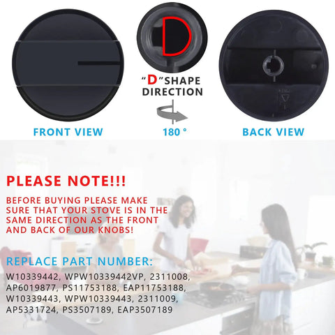 Front and back view of Replacement Gas Stove Knob For Black Cooktop Control Knobs Fits Standard Gas Ranges WPW10339442 PS11753188 1 Pack No Tools Needed Durable ABS Plastic Easy Install Today.