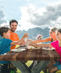 Family using Waterproof Picnic Table Cover Set With Bench Covers Elastic Edges Brown Wood Fitted Tablecloths For Outdoor Patio Camping 72 Inch 3 Piece With Drawstring Storage Bag