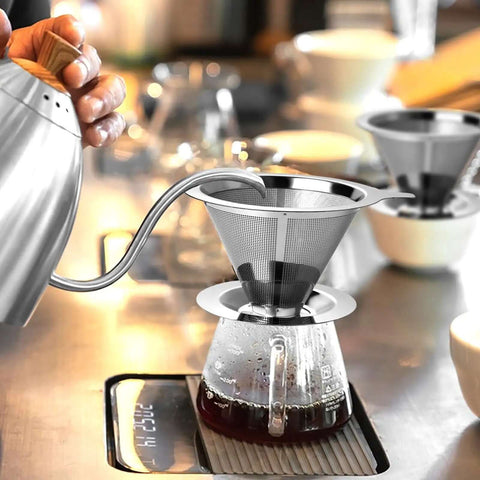 Stainless Steel Pour Over Coffee Filter Dripper For One To Two Cups, Paperless Reusable Coffee Maker on glass carafe