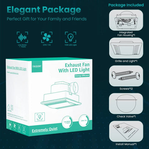 Bathroom Exhaust Fan With Light, Whisper Quiet 1.0 Sones, 110 CFM Ceiling Vent Fan With LED Lighting, Easy Installation For Home Bath Office Hotel, Rustproof ABS Construction And Quick Mount