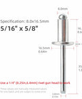 Industrial Grade Aluminum Blind Rivets Kit, 20 Pcs, Five Sixteenth Inch 8mm Aluminum Grip Rivets With Steel Mandrel, dimensions shown