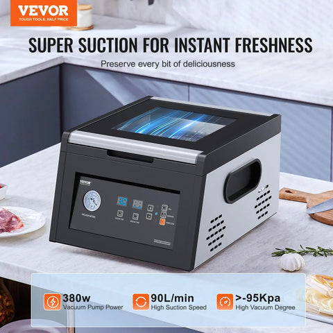 Chamber Vacuum Sealer 380W Pump Power for Home Kitchen, 90 Liters Per Minute Air Removal on a modern kitchen counter