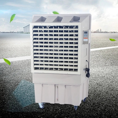 Portable Evaporative Air Cooler With Three Adjustable Speeds And Remote Control on wheels, designed for outdoor use.
