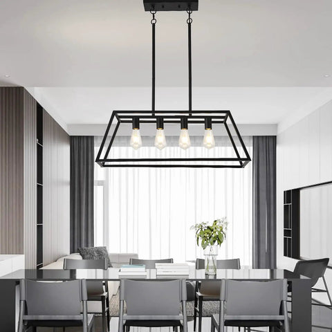 Matte Black Industrial 4 Light Pendant Lighting For Kitchen Island Linear Hanging Light Fixture With Adjustable Rods above table