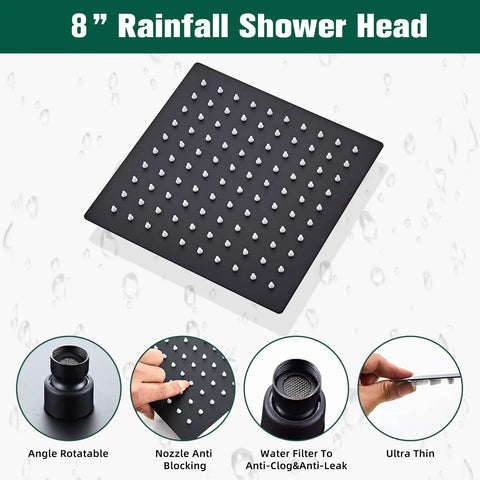 Matte Black Rain Shower Head And 8 Inch Square Shower System With 3 Setting Handheld Spray Wall Mounted Faucet Set