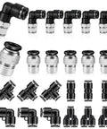 Push To Connect Pneumatic Fittings Kit with 24 pieces, 12mm tube OD, 1/4 inch NPT elbows, straights, tees, and splitters for air systems