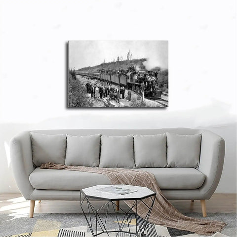 Vintage Steam Train Wall Art Framed Canvas 20x30 Inches Black and White Photo above gray sofa in living room decor