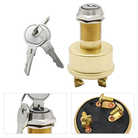Heavy Duty Marine Ignition Switch 3 Position Off On Start For Boats MP39060-1 Brass Construction with keys, detail view