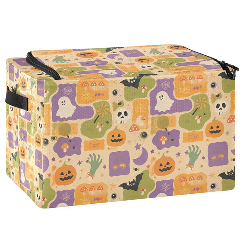 Heavy Duty Foldable Storage Bin With Large Clear Window And Dual Zipper Openings For Quick Grab Access Interior Steel Frame Keeps Structure Intact Festive Pumpkin Ghost Art Collage side view displaying vibrant and colorful Halloween design.