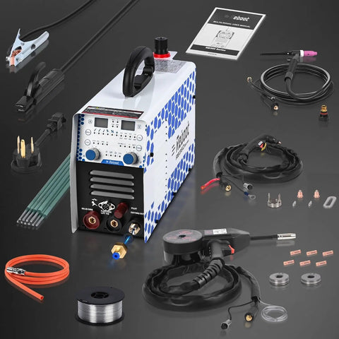 MIG Welder Plasma Cutter Combo 130A 7 In 1 Multiprocess Welder With Dual Voltage unit and accessories on display