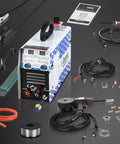 All In One 130 Amp Plasma Cutter Welder Combo With Dual Voltage 120 Volt And 240 Volt unit with accessories on display.