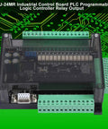 FX3U-24MR Industrial DC24V PLC Controller for Stepper Motor with plug-and-play online monitoring, front view on circuit background.