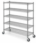 Rock Solid Mobile Wire Shelving Workhorse With Smooth Moving Locking Casters And Top Tier Chrome Finish 24X48X70 Inch shelving unit with five shelves.