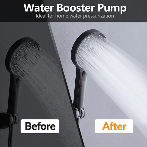 Before and after image of a Water Booster Pump improving shower flow, showcasing enhanced pressure and spray.