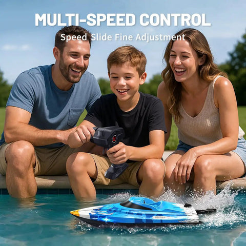 Family using High Speed Waterproof RC Boat With Water Cooling, 2.4 GHz Remote, Dual Batteries, LED Lights by the pool